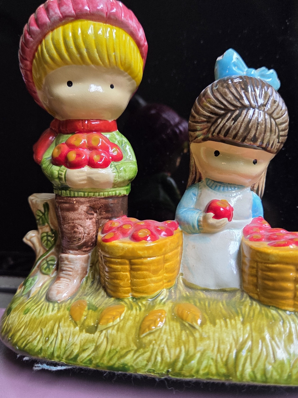 Vintage Ceramic Boy & Girl Apple Figurine - Colorful Orchard Scene.  1972